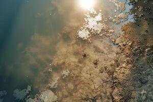 Sunlight casting intricate patterns on the surface of calm reflective pond with nature background photo