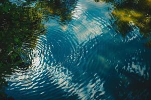 Sunlight casting intricate patterns on the surface of calm reflective pond with serene nature background photo