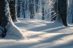 Patterns of light and shadows on snowy forest floor with sunlight filtering through snow laden branches background photo