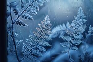 Patterns of Frost on Window Resembling Delicate Fern Leaf nature background photo