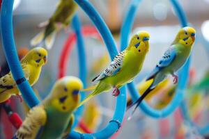 Budgerigars darting through hoops and perches in an indoor aviary during training session  nature background photo