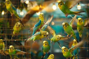 Budgerigars darting through hoops and perches in an indoor aviary during training session  nature background photo