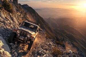 Adventure Background Offroad vehicle climbing up rugged mountain trail with panoramics photo