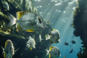Elegant Batfish swimming gracefully in school near shipwreck in clear deep ocean waters with sunlight creating reflections on their sleek bodies photo