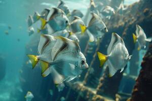 Elegant Batfish swimming gracefully in school near shipwreck in clear deep ocean waters with sunlight creating reflections on their sleek bodies photo