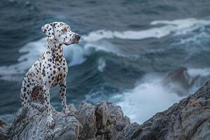 Artistic Dog Dramatic Dalmatian Standing Proudly on Rocky Cliff Overlooking Crashing Waves Wind Blowing Through Its Spots Background and Nature photo