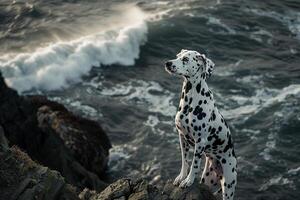 Artistic Dog Dramatic Dalmatian Standing Proudly on Rocky Cliff Overlooking Crashing Waves Wind Blowing Through Its Spots Background and Nature photo