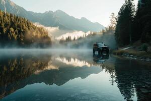 Compact Truck Parked at Serene Mountain Lake Mist Rising from Water and Pine Tree Reflections photo