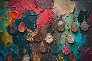 Artistic Collection of Handmade Earrings Arranged in Pattern on Painted Canvas nature background photo