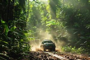 Full Size SUV Driving Through Dense Tropical Rainforest with Sunlight Filtering Through Canopy   nature background photo