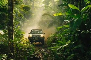 Full Size SUV Driving Through Dense Tropical Rainforest with Sunlight Filtering Through Canopy   nature background photo