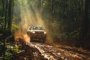 Adventure Off Road Truck Navigating Muddy Trail in Dense Forest with Sunlight Filtering Through Trees   nature background photo