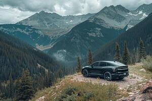 Adventure Electric SUV Parked at the Base of Mountain Trail with Rugged Terrain and Pine Forests  nature background photo