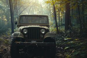 Adventure Vintage Off Road Vehicle Parked at the Edge of Forest Trail with Dense Trees and Sunlight Filtering Through Foliage nature background photo