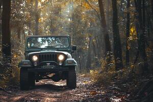 Adventure Vintage Off Road Vehicle Parked at the Edge of Forest Trail with Dense Trees and Sunlight Filtering Through Foliage nature background photo