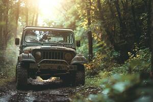 Adventure Vintage Off Road Vehicle Parked at the Edge of Forest Trail with Dense Trees and Sunlight Filtering Through Foliage nature background photo