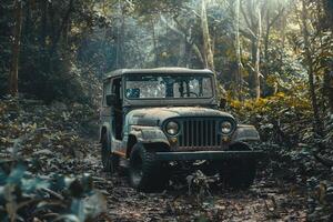 Adventure Vintage Off Road Vehicle Parked at the Edge of Forest Trail with Dense Trees and Sunlight Filtering Through Foliage nature background photo