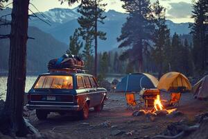 Adventure Filled Station Wagon Loaded with Camping Gear at nature background Campsite with Bonfire and Tents photo