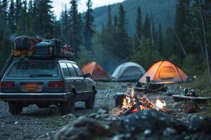 Adventure Filled Station Wagon Loaded with Camping Gear at nature background Campsite with Bonfire and Tents photo