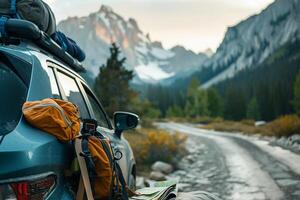 Compact crossover parked at trailhead with hiking map and gear on the hood nature background photo