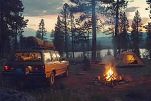Adventure Station Wagon Loaded with Camping Gear at Nature Campsite with Bonfire and Tents in Background photo