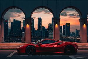 Supercar parked on a dramatic city bridge with arches and city skyline in the background at dusk nature background photo