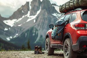 Crossover SUV parked at trailhead with hiking gear ready for mountain hike nature background photo