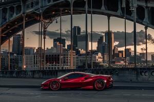 Supercar on dramatic city bridge at dusk with arches and city skyline in the background photo