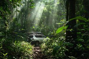 Full Size SUV Adventure Driving Through Dense Tropical Rainforest with Sunlight Filtering Through Canopy nature background photo