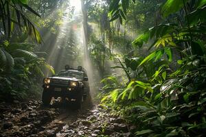 Full Size SUV Adventure Driving Through Dense Tropical Rainforest with Sunlight Filtering Through Canopy nature background photo