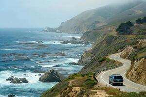 Full Size SUV Driving Along Winding Coastal Road with Cliffs and Ocean Waves nature background photo