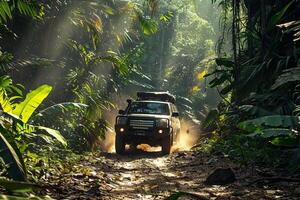 Full Size SUV Adventure Driving Through Dense Tropical Rainforest with Sunlight Filtering Through Canopy nature background photo