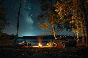 Compact Truck Parked at Lakeside Campground with Tent Pitched in Background and Campfire Burning Under Starry Sky nature background photo