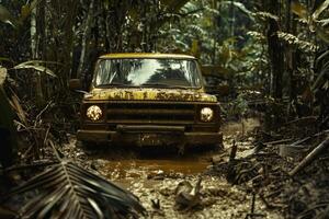 Full Size Truck on Muddy Rainforest Trail with Dense Vegetation nature background photo