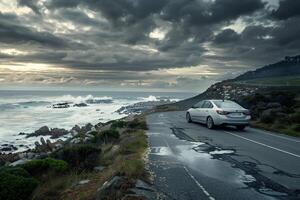 Compact Sedan on Scenic Coastal Highway with Ocean Waves Crashing on Rocks and Dramatic Cloudy Sky Background in Nature photo