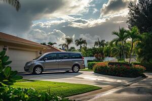 Minivan Parked in Suburban Driveway Background of Nature with Lush Greenery and Serene Atmosphere photo