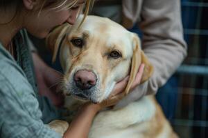 Hopeful volunteers comforting rescued Labrador Retriever at shelter reassuring the dog with gentle pats and  words photo