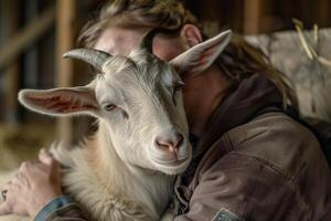 rescued goat snuggling with volunteer in peaceful barn the goats gentle bleats echoing the bond between human and animal photo