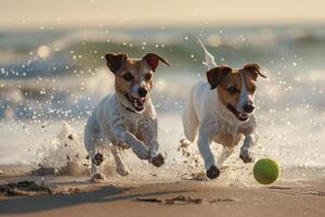Dog Play Two Jack Russell Terriers Playing Fetch with Beach Background photo