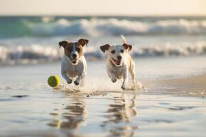 Dog Play Two Jack Russell Terriers Playing Fetch with Beach Background photo
