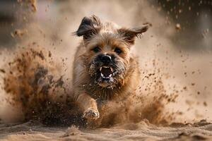 Dog Play Spirited Border Terrier Digging in Sandy Playground with Background photo