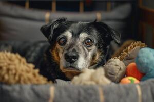 Senior dog with graying muzzle finding comfort in cozy bed at rescue shelter surrounded by toys photo