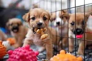 Puppies playing with chew toys in playpen at an animal shelter tails wagging with joy photo