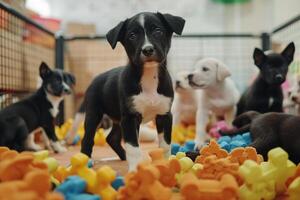 Puppies playing with chew toys in playpen at an animal shelter tails wagging with joy photo