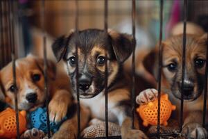 Puppies playing with chew toys in playpen at an animal shelter tails wagging with joy photo