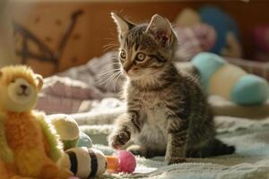 Rescue kitten exploring its new home cautiously sniffing at toys and furniture photo
