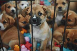 litter of puppies playing with chew toys in playpen at an animal shelter tails wagging with joy photo
