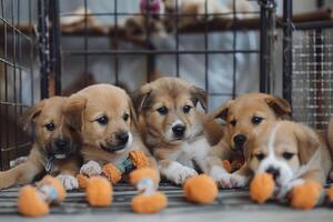 litter of puppies playing with chew toys in playpen at an animal shelter tails wagging with joy photo