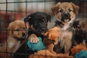 group of puppies playing with chew toys in playpen at rescue shelter tails wagging with joy photo