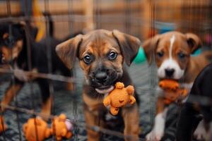 group of puppies playing with chew toys in playpen at rescue shelter tails wagging with joy photo
